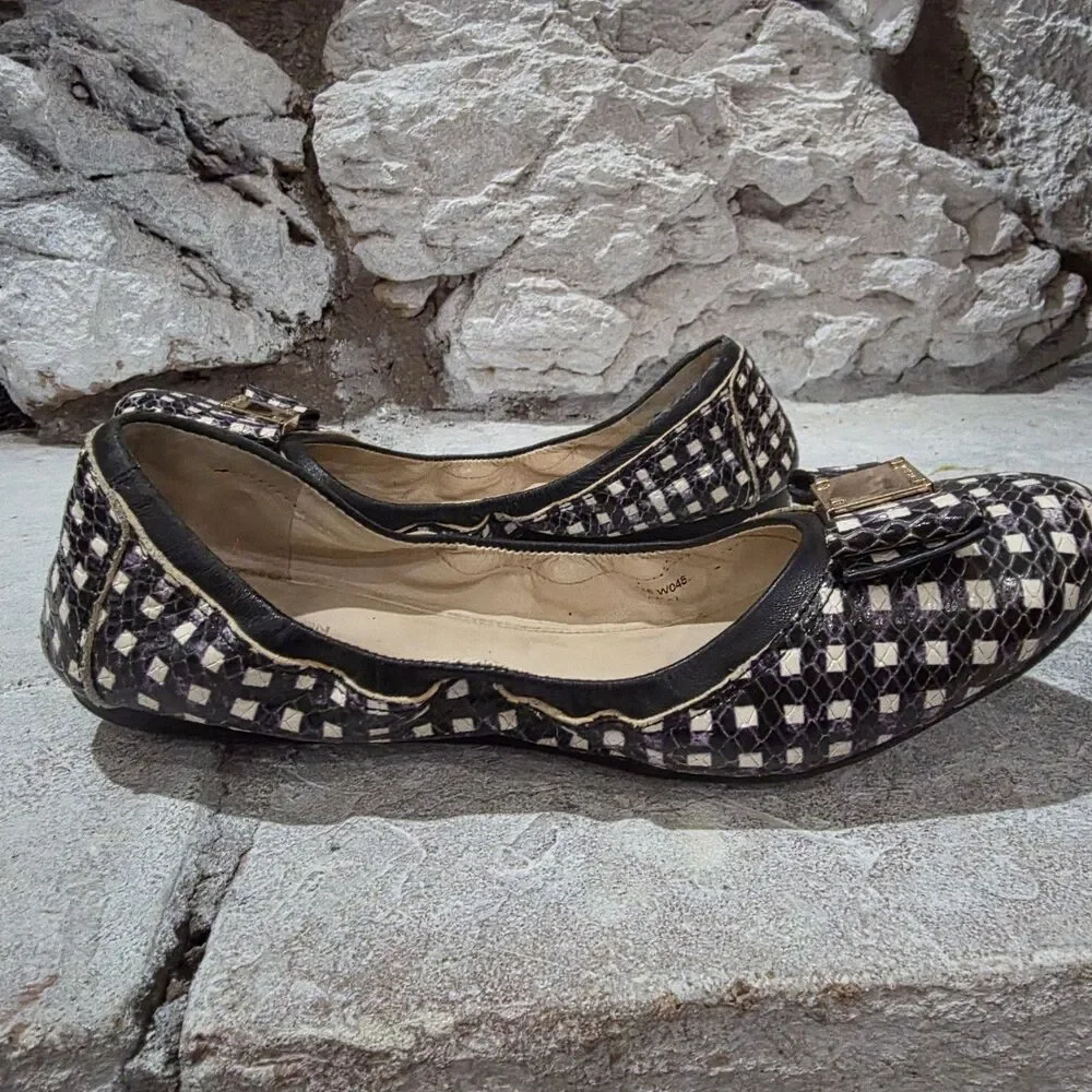 Cole Haan Tali Bow Ballet Flats Snake Embossed Gingham Black and White Women’s 7